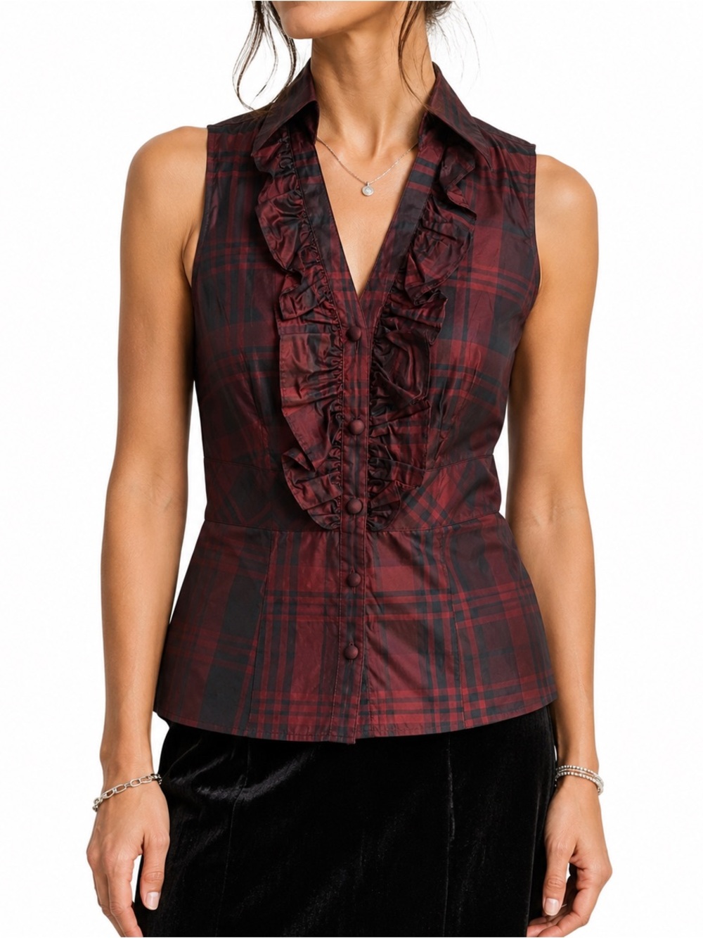 Ann Taylor Silk Taffeta Ruffle Sleeveless Top Collared V-neck Plaid Red BLK 8 P